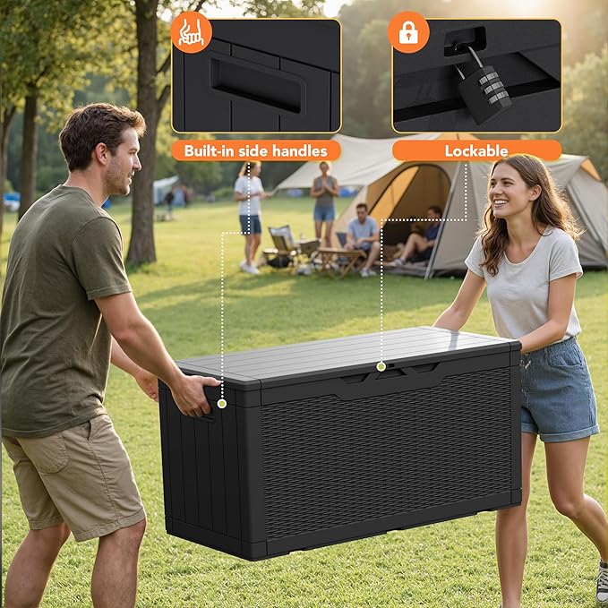 105 Gallon Deck Box Outdoor Indoor Waterproof Storage Box for Patio Furniture, Pool Accessories, Garden Tools, and Cushion Storage, Black
