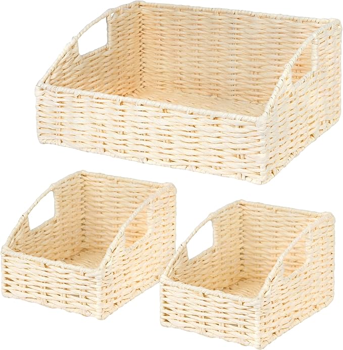 Ollieroo Rattan Storage Baskets, Handwoven Wicker Storage Bins with Built-in Handles, Storage Container Baskets for Shelves, Bedroom, Bathroom, Laundry Room or Kitchen(Beige)