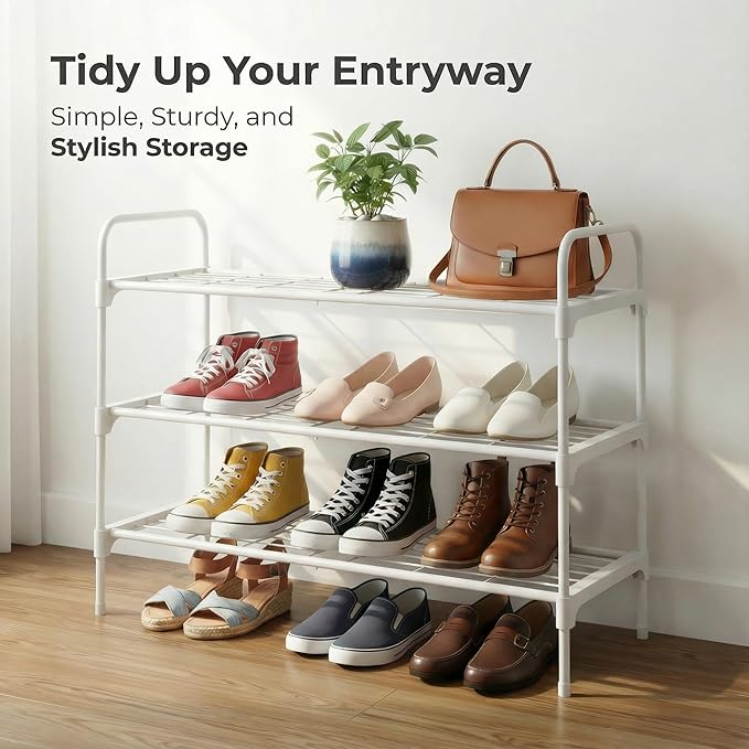 3-Tier Shoe Rack Organlzer, Rustproof lron, Spaclous Shoe Storage Shelf for Closet or Entryway, Fits Sneakers & Slippers, White