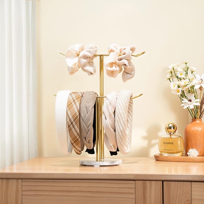 Headband Holder Organizer Two-Tier with Marble Base: Jewelry Display for Women, Hair Accessories Storage Stand Scrunchie Necklace rack for Girls, for Bathroom, Vanity, Dresser, Gold