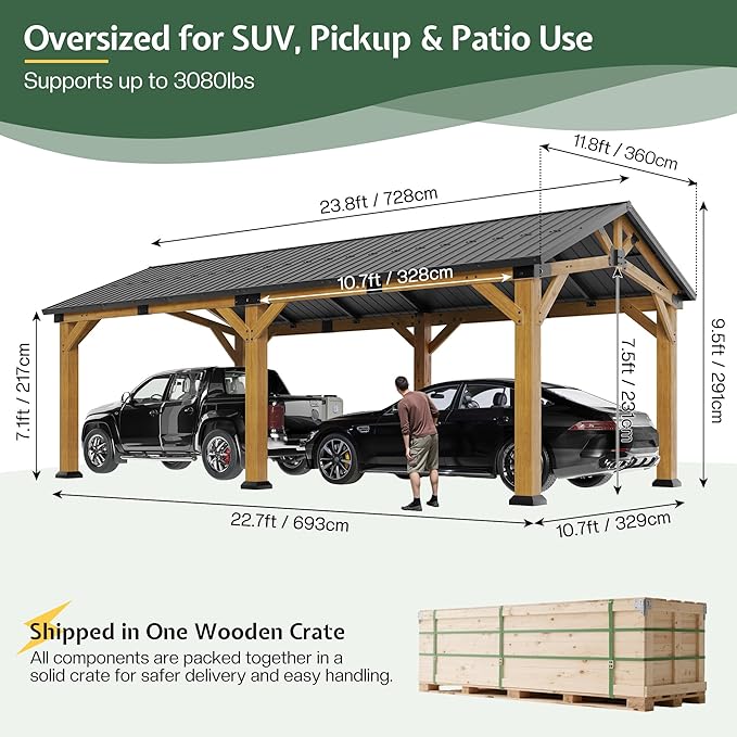 Jocisland 12x24x9.5 FT Cedar Wood Hardtop Carport with Galvanized Steel Roof, Waterproof Outdoor Gazebo Pavilion, Heavy-Duty Snow & Wind Resistant Canopy for Patio, Driveway, Garden