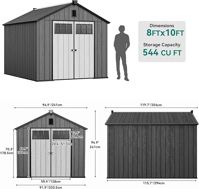 YITAHOME 8x10 FT Outdoor Storage Shed with Floor, Extra Thick Plastic Garden Shed for Bikes, Tools and Pool Supplies, Outdoor Resin Shed with Door Window Insert, Vents for Patio, Backyard, Black