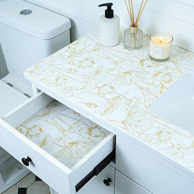 Shelf Liners Non Adhesive Light Base Gold Lotus Pattern - Thickened Non-Slip Easy to Clean Drawer Liner for Kitchen Cabinets, Tool Box, Refrigerator, with Knife & Tape Measure, 17in x 20FT