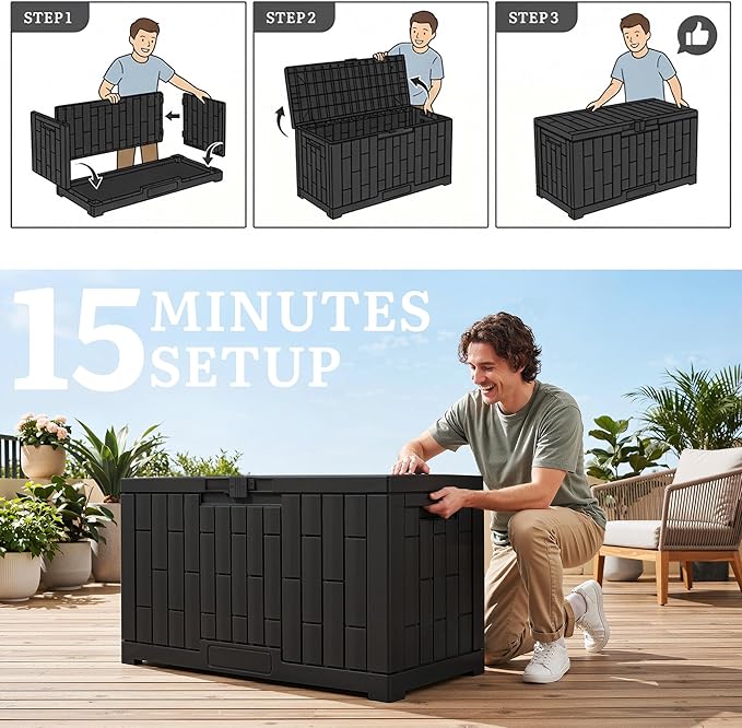 YITAHOME 60 Gallon Outdoor Storage Box, Lockable Resin Deck Box with Handles, Waterproof Outdoor Storage Box for Patio Furniture, Garden Tools and Pool Accessories, Black