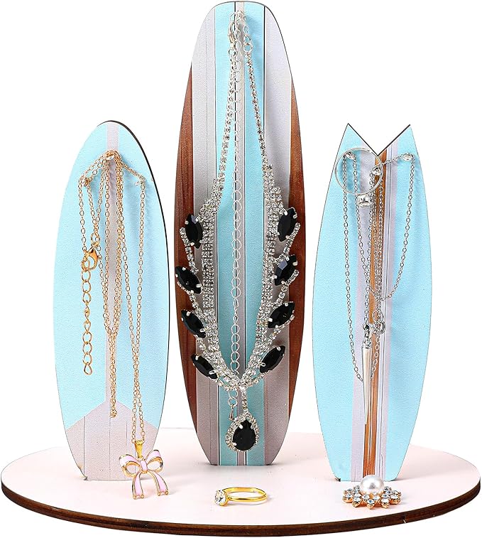 DIVINA VITAE Jewelry Organizer Stand, Cute Coastal Ocean Surfboard Decor, Preppy Beach Themed Room Decor Aesthetic, Coastal Dedroom Decoration Wooden Hawaii Surfer Gift for Teen Girls(Blue)