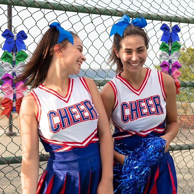 ALIBBON Cheer Bow Holder Glitter Royal Blue Leopard Print Hair Bow Holder Cheer Keychain for Cheerleading Backpack Bag Cheerleader Gifts Sports Cheerleading Bows Storage Hanging Ribbon Chain 5 Clasps