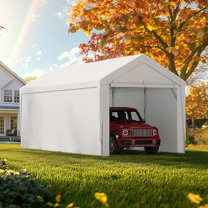 ADVANCE OUTDOOR 10x20 ft Carport Replacement Door with Zippers Tarp, Heavy-Duty Waterproof & UV Protected, Easy Installation with Ball Bungees, White, One Door Only
