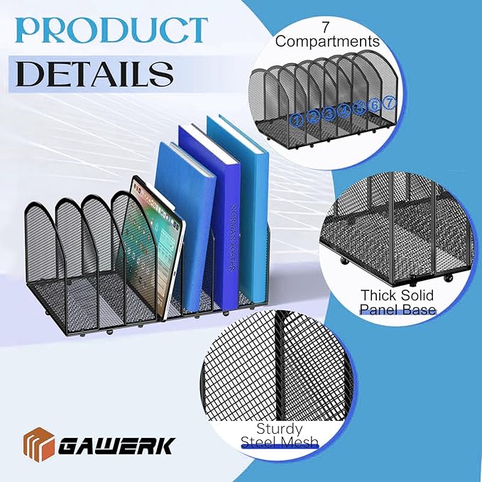 7-Section Desk File Organizer, Mesh Desktop Organizer File Sorter Office Organization Letter Holder, Vertical Desktop File Holder for Office Home, Black
