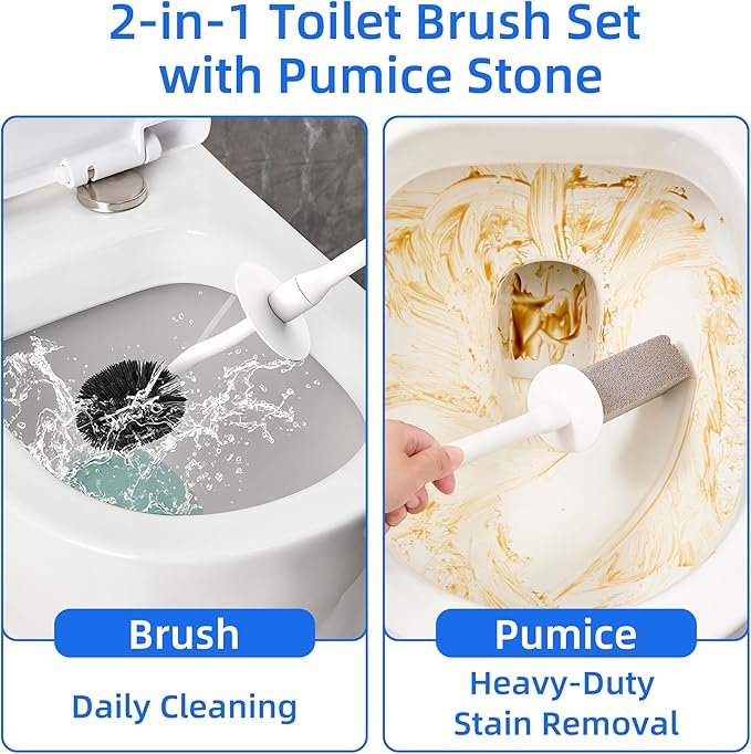 Toilet Brush and Holder Set with Pumice Stone – Long Handle Toilet Bowl Brush, Anti-Splash Scrubber, Ventilated Drip-Free Base, Deep Cleaner for Hard Water Stains, Limescale, Toilet Rings, Grey