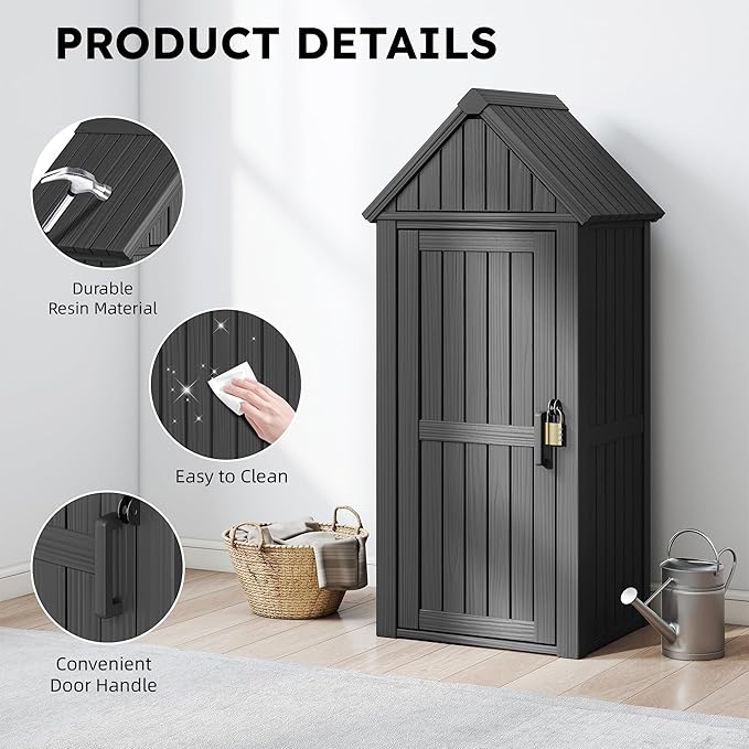 Outdoor Storage Shed with Removable Shelves, Waterproof Resin Outdoor Storage Cabinet for Small Patio, Balcony, Backyard, Vertical Storage Shed with 12 Hooks for Garden Tools, Grilling Supplies, Black