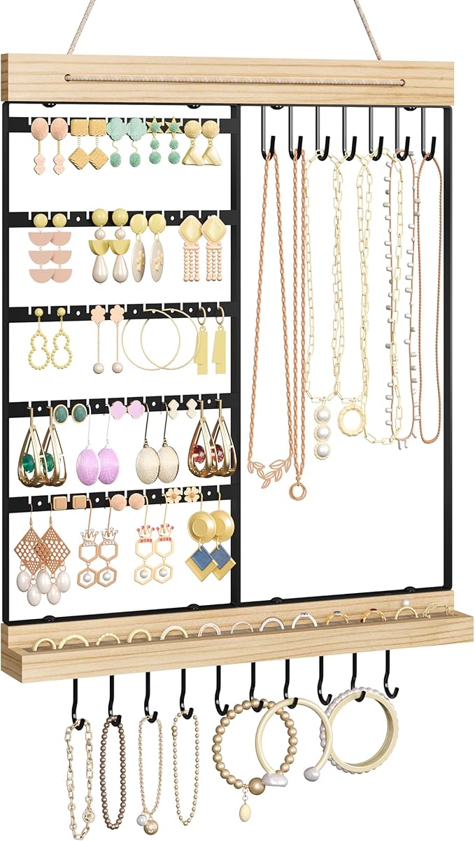 Hanging Jewelry Organizer, 5-Tier Wall Earring Holder with Wooden Ring Groove, Jewelry Rack Wall Mounted for Earrings, Necklaces, Bracelets and Rings, Jewelry Holder Stand, Black