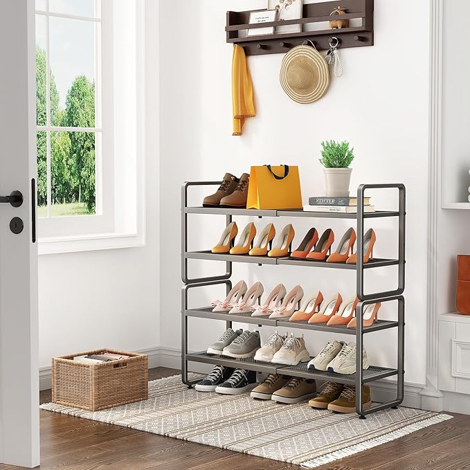 Shoe Rack - Expandable Shoe Organizer for Closet, Adjustable Metal Shoe Shelf Storage, Stackable Long Shoe Stand Holder for Garage, Entryway, Door Entrance (Grey, 4-Tier)