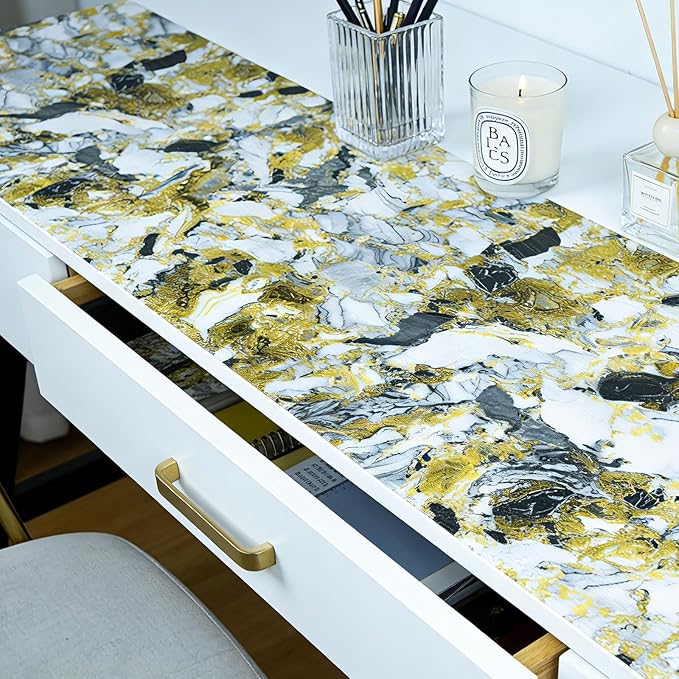 Drawer and Shelf Liner - Yellow Black Marble Pattern,Non Adhesive Non Slip Waterproof Easy-Clean Liner for Kitchen Cabinet, Refrigerator, Bathroom, Pantry Storage Drawers, 12 in x 20 Ft
