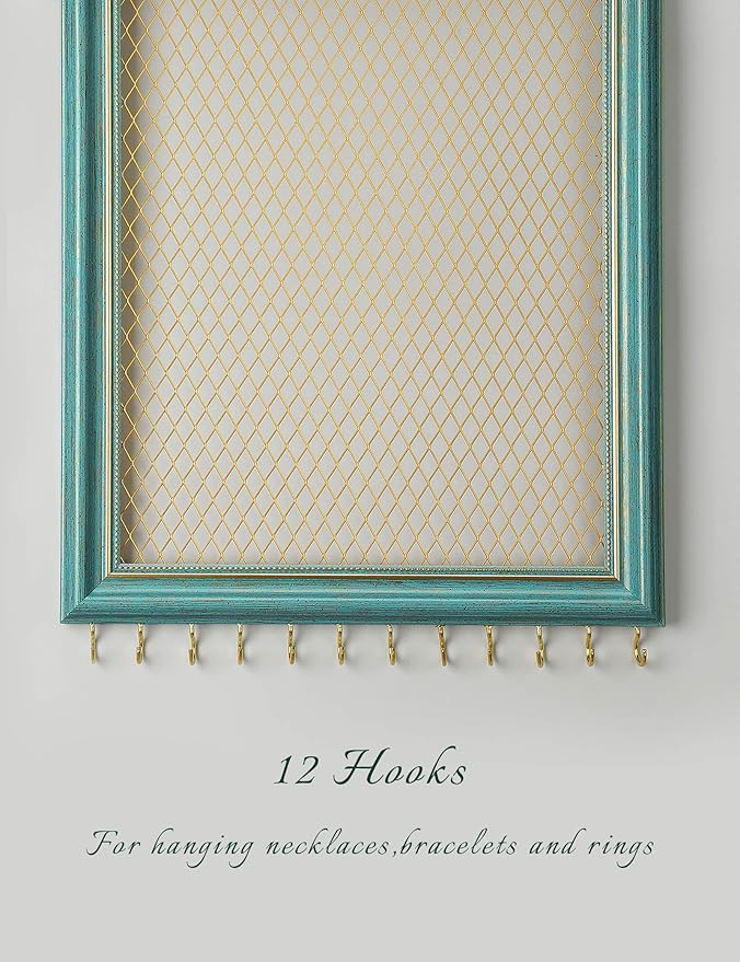 Heesch Hanging Earring Organizer Frame Wall Mounted Jewelry Holder Vintage Rustic Stud Earring Display with Removable Rod and 12 Hooks for Necklaces, Bracelets and Rings (Teal)