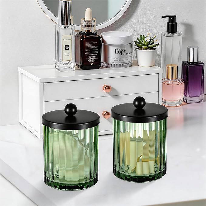 Amolliar Sage Green Glass Apothecary Jar With Metal Lid & Stickers, Bathroom Qtip Holder Dispenser for Cotton Swabs, Balls, Round Pads, Bath Salt, Floss, Countertop Canister Storage, Bronze 2 Pack