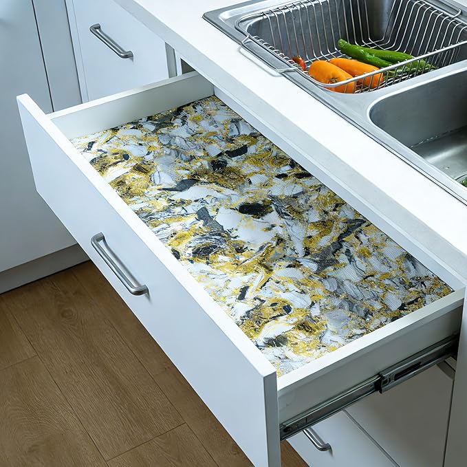 Drawer and Shelf Liner - Yellow Black Marble Pattern,Non Adhesive Non Slip Waterproof Easy-Clean Liner for Kitchen Cabinet, Refrigerator, Bathroom, Pantry Storage Drawers, 12 in x 20 Ft