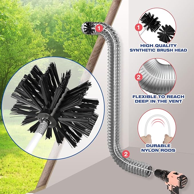 42-Feet Dryer Vent Cleaner Kit, Lint Remover，Upgraded Flexible Quick-Snap Brush with Drill Attachment,Extends Up to 42 FEET for Easy Cleaning，Cleaning Tools Use with/Without a Power Drill
