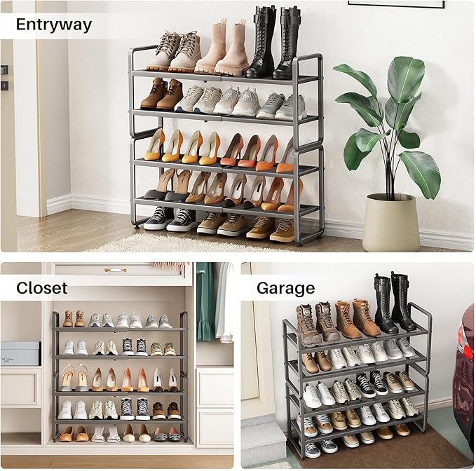 Shoe Rack - Expandable Shoe Organizer for Closet, Adjustable Metal Shoe Shelf Storage, Stackable Long Shoe Stand Holder for Garage, Entryway, Door Entrance (Grey, 4-Tier)