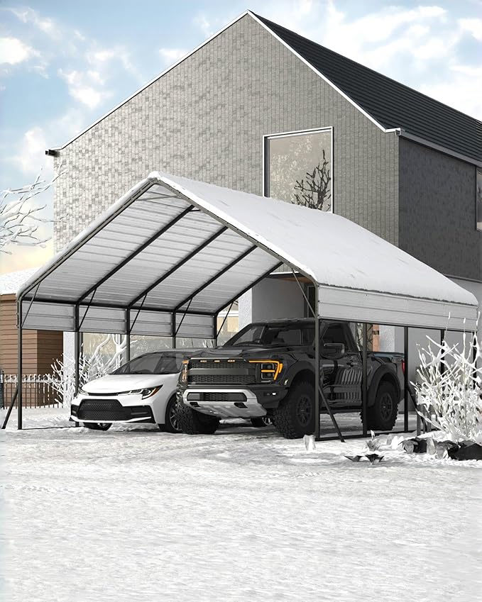 Garveelife 20 ft x20 ft x13 ft Metal Carport for 2 Cars, Heavy Duty Steel Frame for All Weather, Permanent Shelter for Boats, Full-Sized Pickup Trucks, and Tractors, N.W. 800 LBS