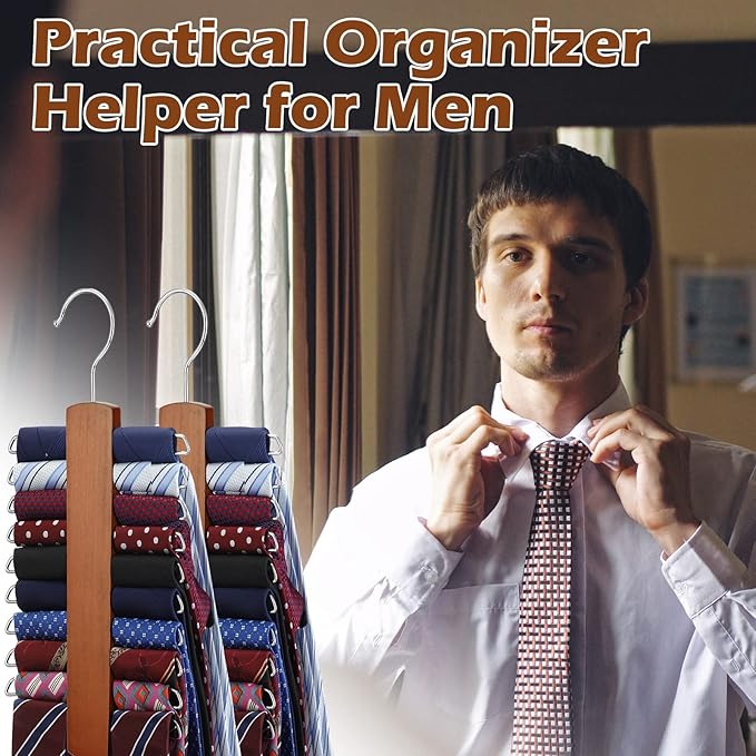 4 Pieces Tie Hanger for Men Wooden Necktie and Belt Hanger Wooden Tie Rack Holder Walnut Center Organizer and Storage Rack Finish 20 Hooks Space Saving Organizer for Closet(Archaize Color)