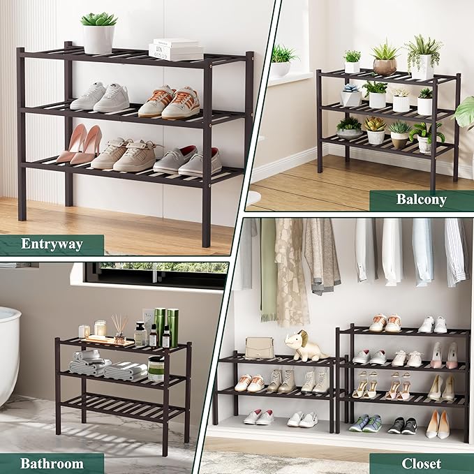 Smiry Shoe Rack, 3 Tier Bamboo Shoe Organizer, Stackable Free Standing Wooden Shoe Storage Shelf for Closet, Entryway, Front Door Entrance, Brown