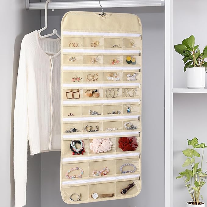 Cabilock Hanging Jewelry Organizer Wall Holder: Double Sided Zipper Earring storage Pocket with 66 Pockets Wall Closet Necklace Hanger for Earrings Bracelet Watch Ring