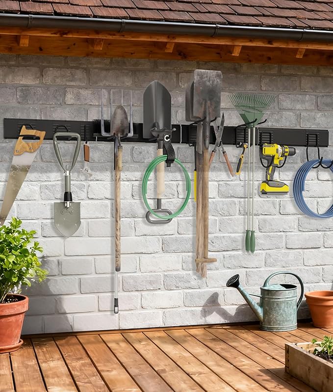 64" Heavy Duty Garage Tool Organizer Wall Mount with 10 Adjustable Metal Hooks, Storage Rack for Garage Organization, Garden Tools, Yard, and Shed Storage, Holds up to 660 lbs