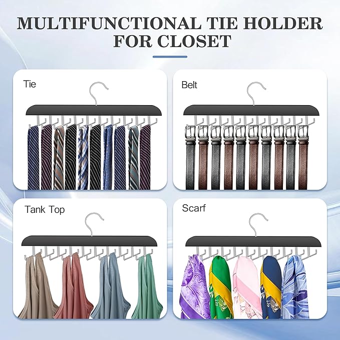 Tie Rack Hanger for Closet 20 Foldable Hooks, 1 Pack Wooden Non Slip Large Capacity Space Saving Tie and Belt Organizer with 360°Rotating Hooks for Tank Tops Bras Scarves Hat