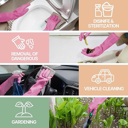 Mamison 2 Pairs Reusable Waterproof Household Dishwashing Cleaning Rubber Gloves, Non-Slip Kitchen Glove (Pink, Large (Pack of 2))