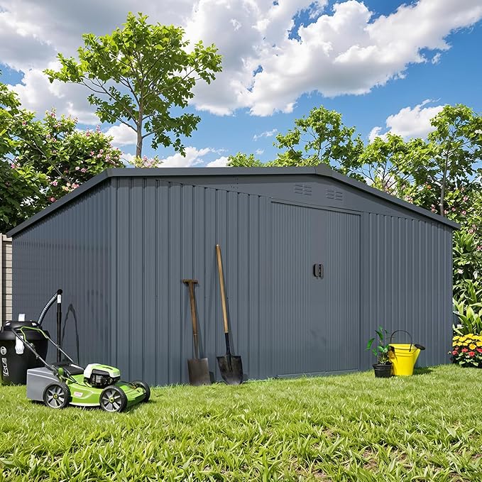 AECOJOY 12' x 14' Shed, Outdoor Storage Shed with Sliding Door, 14x12 Sheds & Outdoor Storage Clearance Backyard Shed Storage Cabinet, Large Metal Storage Tool Shed
