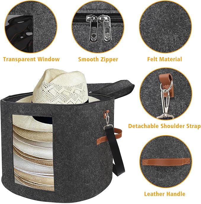 Large Hat Storage Box for Women & Men, 19" D x 17" H Oversized Hat Box Organizer，Foldable Round Travel Hat Boxes with Dustproof Lid, Stuffed Toy Storage Bin Bag (Dark Gray)