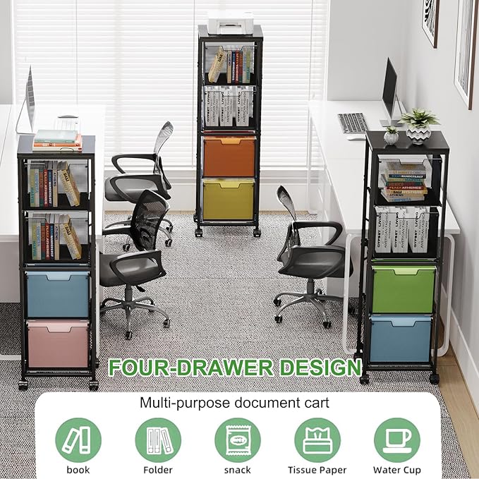 4 Drawers File Cabinet, Vertical Filing Cabinets, Rolling File Cart, Hanging File Folder Organizer with Wheels, Mobile Printer Stand Utility Craft Cart for Home Office,Black