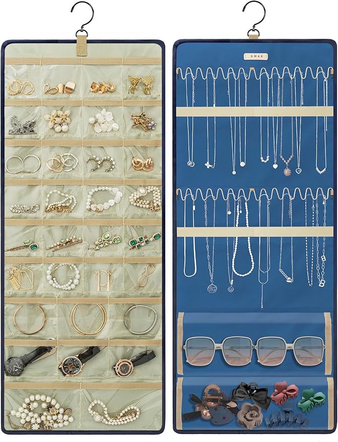 GMAK Hanging Jewelry Organizer with Hanger Metal Hooks, Double-Sided Jewelry Holder Accessories Organizer Storage Roll for Jewelry, Earrings, Bracelets, Necklaces, Rings - Navy Blue
