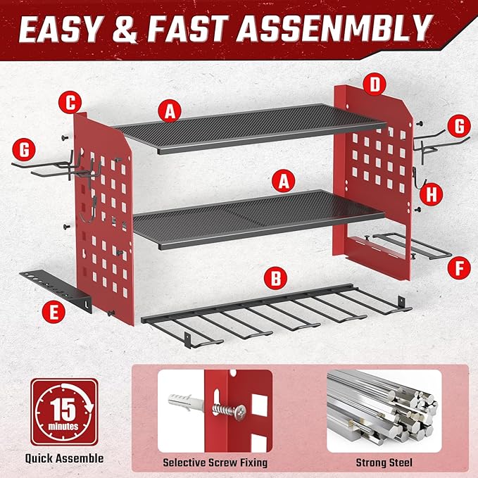 Power Tool Organizer, Heavy Duty Wall Mount Tool Organizer 3 Layers with 4 Drill Holders, Garage Tools Storage Rack with 2 Side Pegboards and Hooks for Workshop, Shed, Red