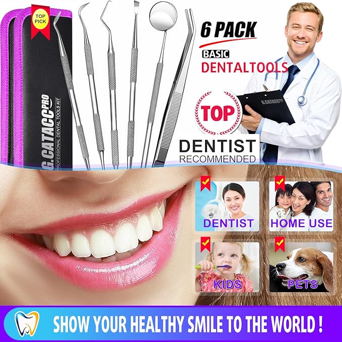 G.CATACC Dental Tools, Dental Pick Teeth Cleaning Tools Hygiene Kit, Plaque Remover for Teeth, Professional Stainless Steel Tooth Scraper Plaque Tartar Cleaner - with Case