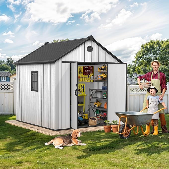 DWVO 8x8 FT Outdoor Storage Shed, Plastic Storage Shed with VisionWindow, Lockable Door & Floor, 16mm Heavy Duty All-Weather Tool Garden Shed with Vent for Patio Bike Lawn Mower Pool Supplies, Gray