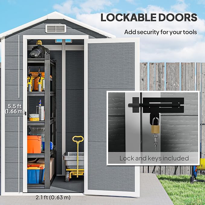 Outsunny 6' x 4' Outdoor Storage Shed, Waterproof Resin Plastic Shed with Floor, Window, Lockable Doors and Vents, All-Weather Garden Tool Shed for Backyard, Patio, Lawn, Gray