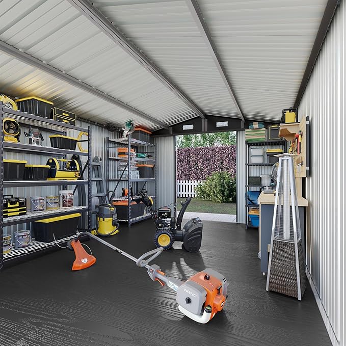 Aoxun 10x12 Shed with Brown Floor Galvanized Steel Outdoor Storage Shed Metal Garden Shed with Moisture-Proof Floor & Ventilation, Sloped Roof for Bike/Generator/Tool Storage (Brown Floor Included)