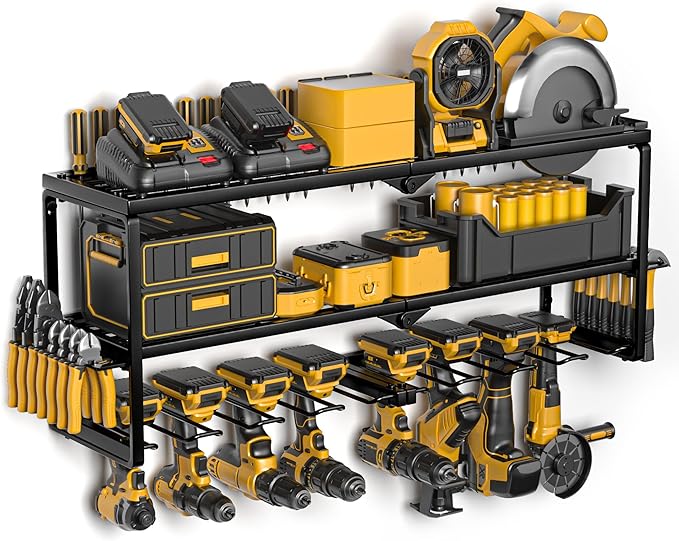 Power Tool Organizer Wall Mount, 15 Min Assembly & Maximum 100lb load by Heavy Duty Metal, 8 Drill Holder, 3 Layers Garage organization and Storage Rack, Tool Shelf With Battery Holder
