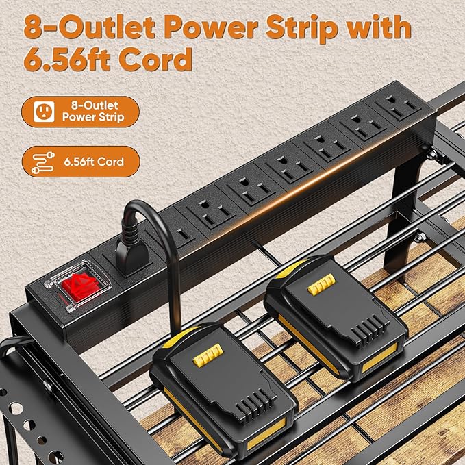 49.5" W Large Power Tool Organizer with Charging Station, 4 Layer Heavy Duty Utility Rack Loads 800lbs, Holds 8 Cordless Drills, Wall Mount Tool Shelf with 8-Outlet Power Strip, Gift for Men