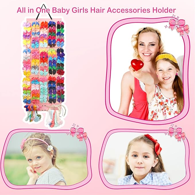 Vimiv Hair Bows Holder & Organizer w/Extra Large Capacity, Head Bows Hanger, 27 Ribbons, Baby Hair Accessory Storage Display with Sturdy Rope, Wall Hanging for Girl Room
