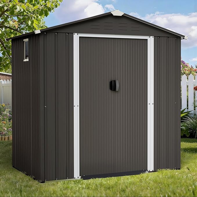 Shintenchi 6x4 FT Outdoor Storage Shed with Window, Lockable Outdoor Waterproof Tool Storage Sheds, Weather Resistant Tool Storage House Shed for Garden, Backyard, Patio Utility Tool Storage,Dark Gray