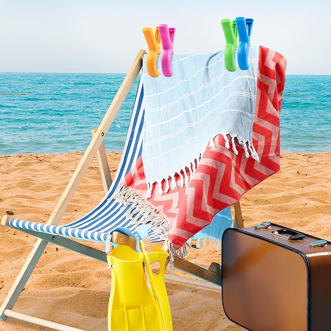 16 Pcs Beach Towel Clips for Beach Chairs, Towel Holder for Beach Chair Pool Chair on Cruise, Jumbo Size Heavy Duty Clothes Pins, Beach Chair Clips to Keep Your Towel from Blowing Away, 4 Colors
