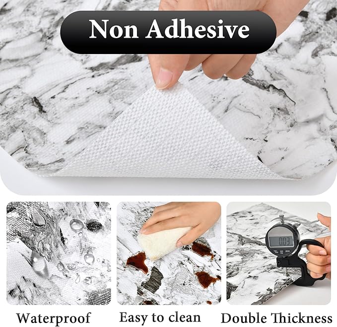 Drawer and Shelf Liner for Kitchen Cabinet: 17 in X 20 Ft Non Slip Waterproof Shelf Paper Non Adhesive Refrigerator Liners Grey and White Marble Easy Liners for Bathroom with Knife Tape Measure