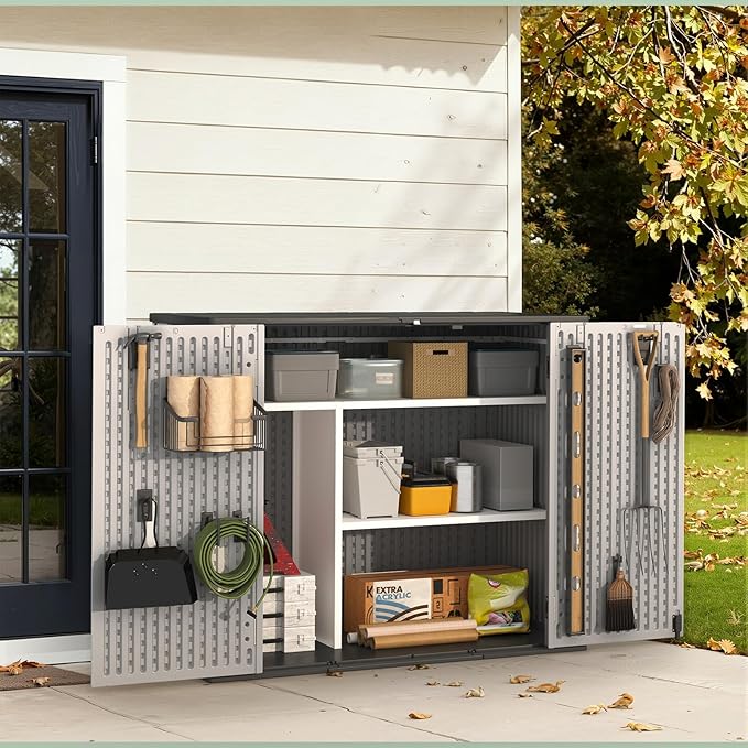 Aoxun Outdoor Storage Cabinet, 41 Cu Ft Waterproof Portable Horizontal Resin Shed Outdoor Storage for Garbage Bin, Generators & Yard Gear (Grey)