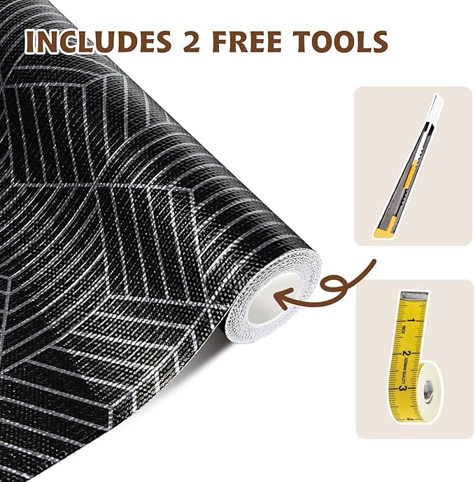 Shelf Liners for Kitchen Cabinets 17.3in x 20FT, Non Adhesive Cabinet Liner Strong Non-Slip Black and Silver Geometric Drawer Liner, Easy to Clean for Cabinet with Knife and Tape Measure