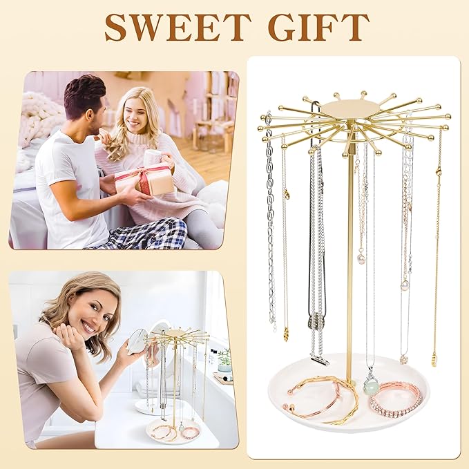 AmaQueen Rotating Necklace Hanger Organizer Tree with Jewelry Tray, Gold Spinning Necklace Chain Display Holder Stand Storage (Golden)