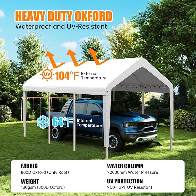 Carport Canopy 10'x20' Heavy Duty Replacement Cover, Garage Shelter Cover 800D Oxford Waterproof & UV Protected Tarp with Ball Bungees, Not Include Frame, White