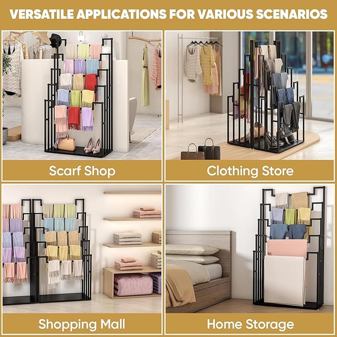 tonchean Freestanding Scarf Organizer, 5 Tier Metal Scarf Rack Hijab Hanger Scarf Storage Holder Ties Belt Pants Rack for Closet, Commercial Clothing Retail Store & Home (31.5X15.7X59.1In)