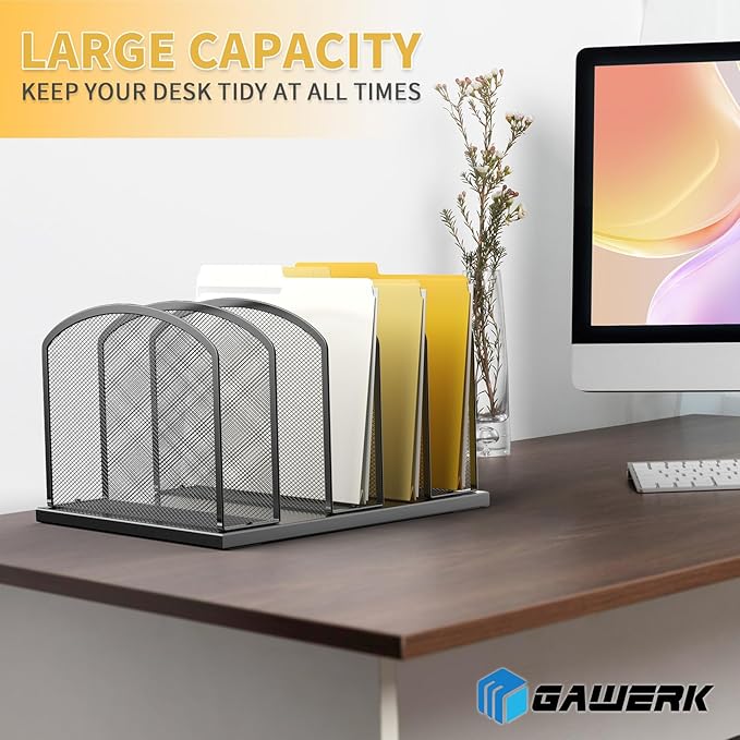 Large Size Desk File Organizer, Metal Mesh Vertical Desktop File Holder, 5-Section file organizer for Desk Home Office Black